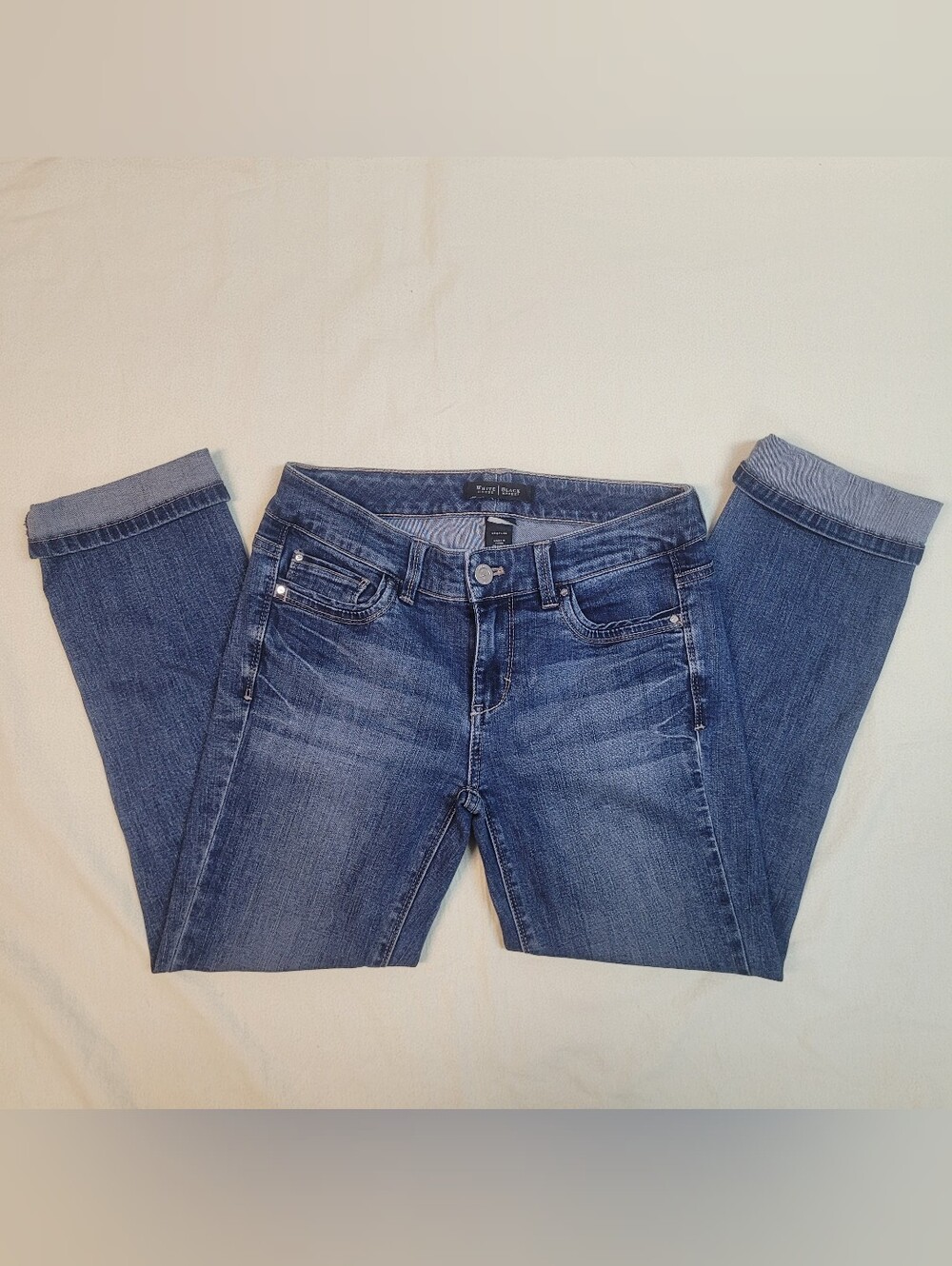 Womens Folded Cropped Denim Jeans, Size 0, Embellished Pockets